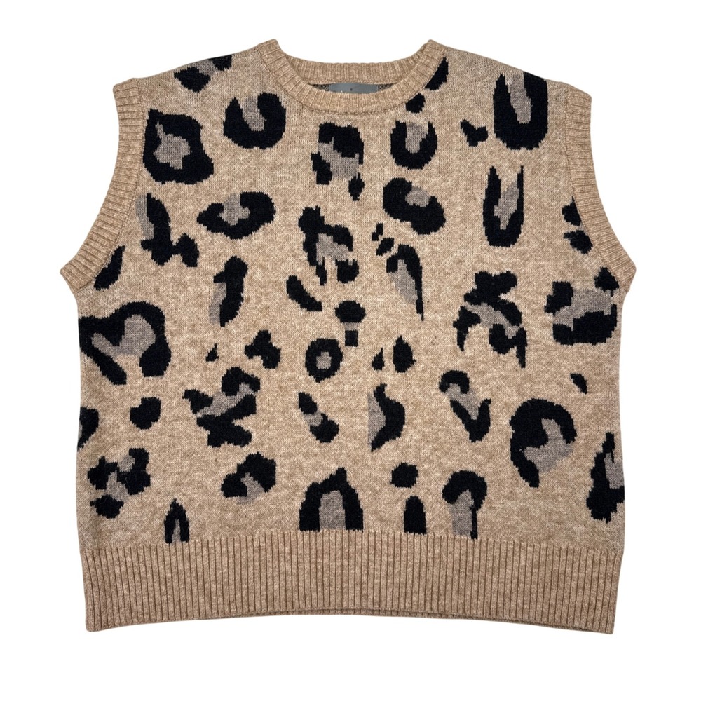 Anthropologie Sweater Vest Womens One Size Leopard Print Tan Black Soft Casual